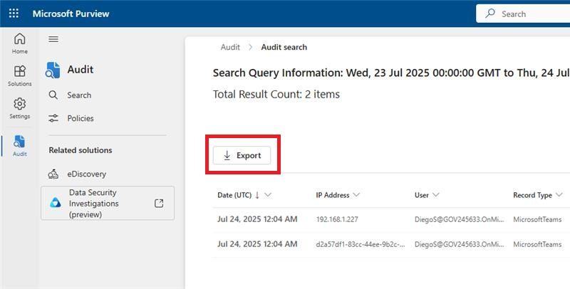 A screenshot of the Audit search menu in the Microsoft Purview portal with the Export button highlighted with a box.