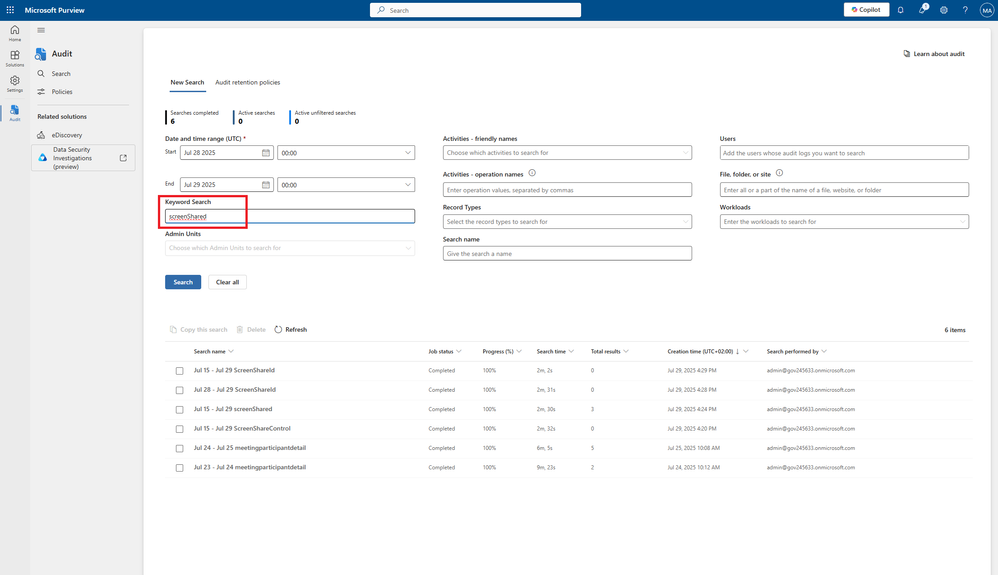 A screenshot of the New Search menu in Audit in the Microsoft Purview portal with the Keyword Search box highlighted with a box and including the word screenShared.