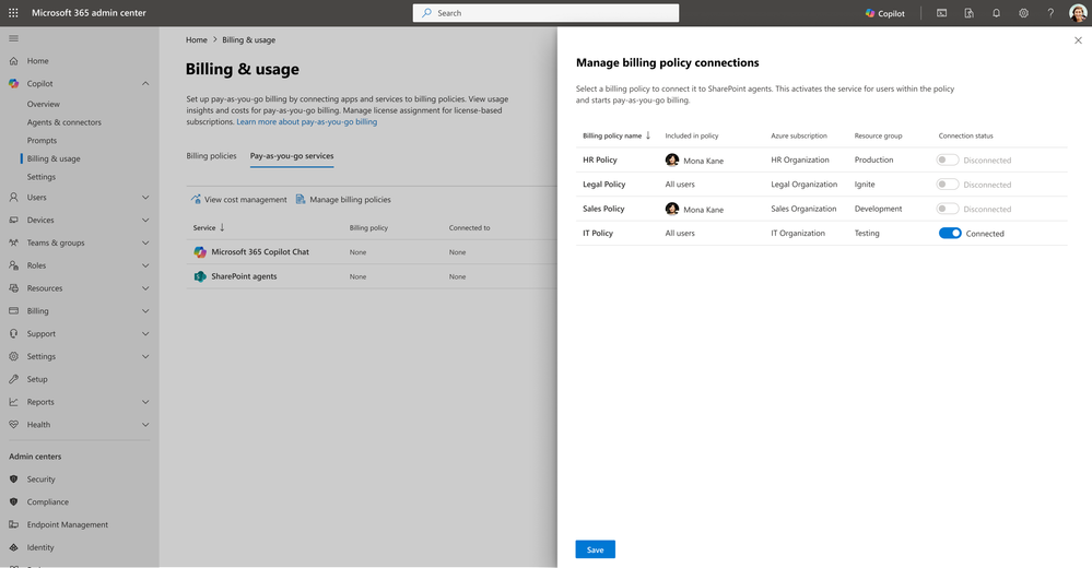 An image of the Microsoft 365 admin center showing a list view of billing policies with toggles to connect them to the SharePoint agents Pay-as-you-go service in Microsoft 365.