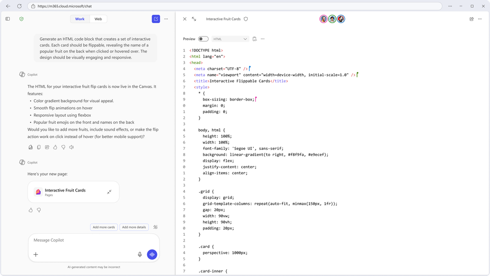 An image of Copilot Chat with an open Copilot Page displaying code