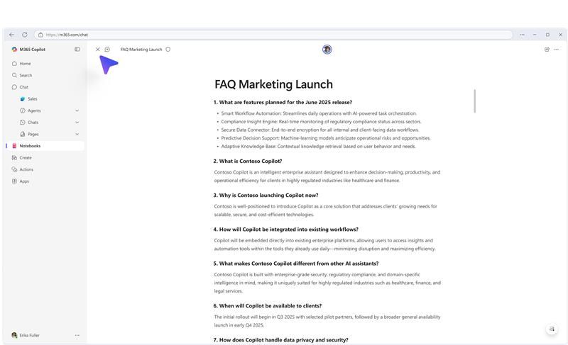 Screenshot of the Microsoft 365 Copilot app interface with a Copilot Notebook selected and an FAQ page.