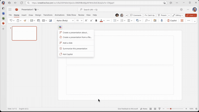 A computer screen showing a user selecting an Excel file as a source when creating a new presentation with Copilot.