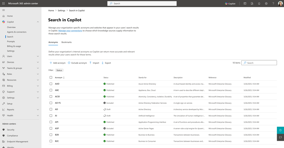 An image of the 'Search in Copilot' settings page in Microsoft 365 admin center, showing a list of acronyms with their statuses, descriptions, references, and last modified dates.