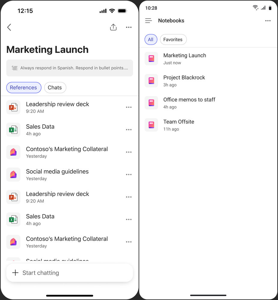 Two screenshots of the Copilot Notebooks feature on the M365 mobile app on iOS (left) and Android (right).: {required}.