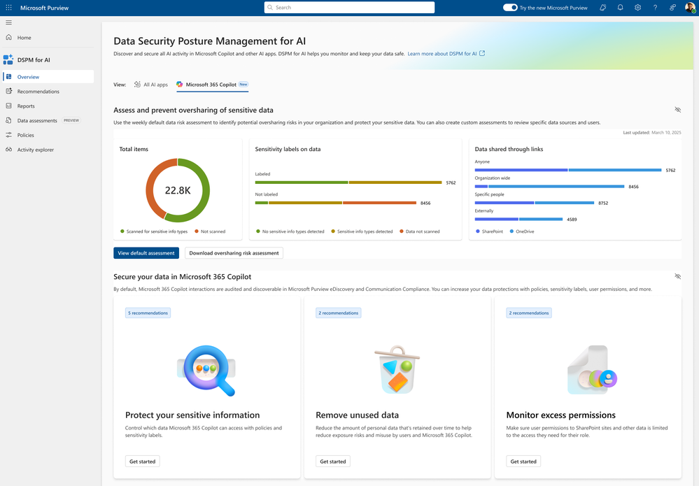 The new Microsoft 365 Copilot page in Purview DSPM for AI.