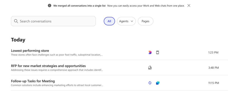 Screenshot of the Microsoft 365 Copilot app interface showing the conversation history with a message describing that all conversations are now merged into a single list.