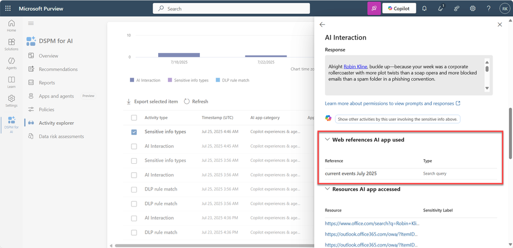 An example of an interaction activity showing the new web references used by AI section.