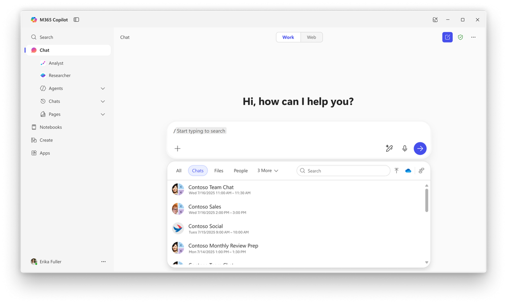 Screenshot of the Microsoft 365 Copilot app interface with the ContextIQ menu open and the ‘Chats’ tab selected.