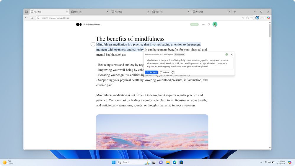 An Edge browser window open with text highlighted getting writing support from Microsoft 365 Copilot.