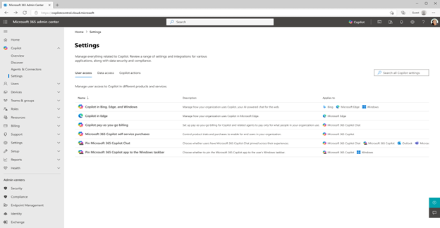 An image of the Microsoft 365 admin center showing Copilot Settings, including the option to pin the Microsoft 365 Copilot app to the Windows taskbar.