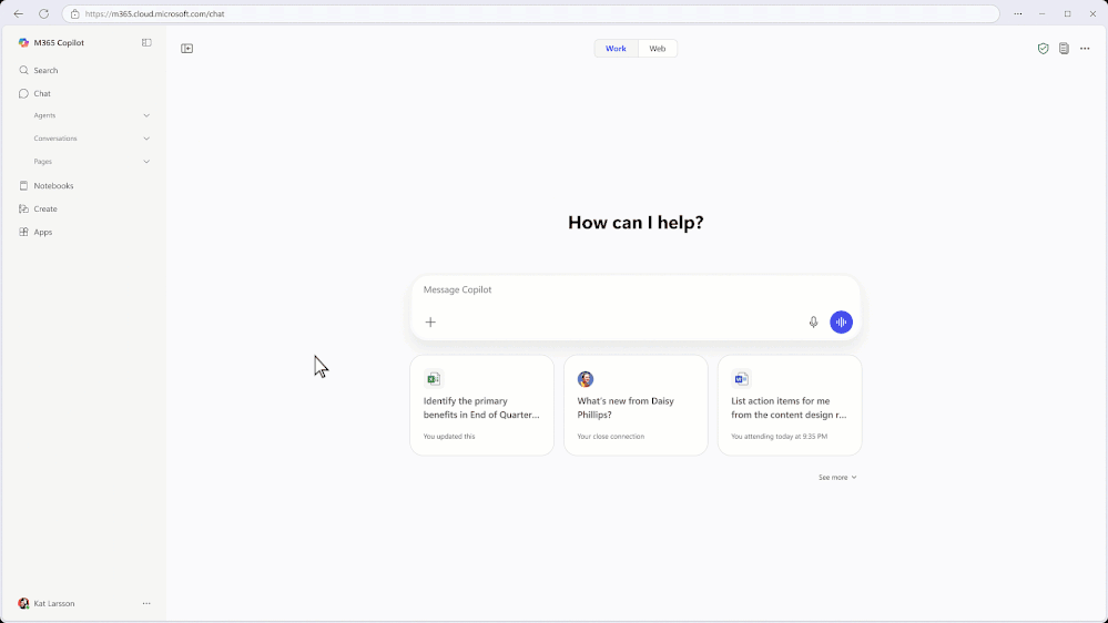 A video of a computer screen with a Copilot Chat prompt opening a Copilot Page with AI-generated content streaming real-time.