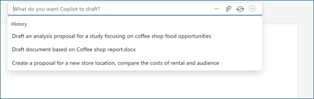 A Copilot prompt box in a Word document with a list of past prompts used.