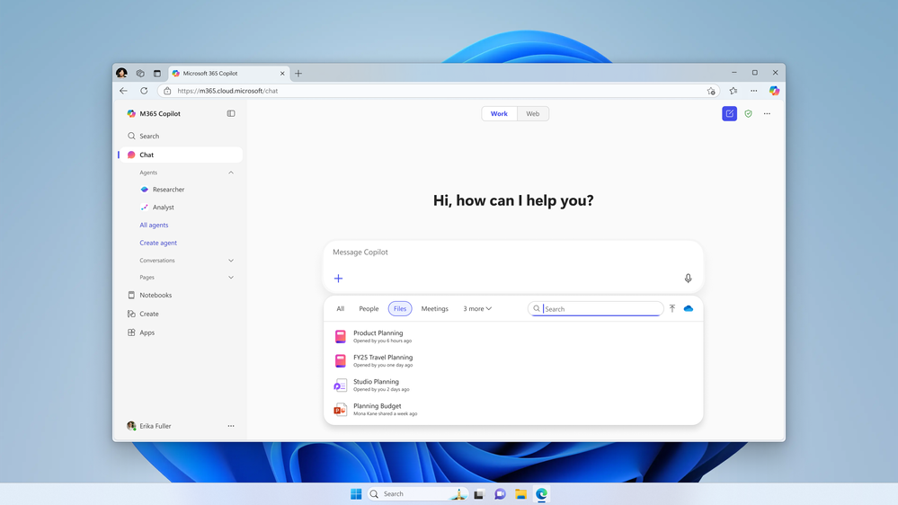 Screenshot of the Microsoft 365 Copilot app interface with the ContextIQ menu open and the ‘Files’ tab selected. Two Notebooks are listed as grounding sources.