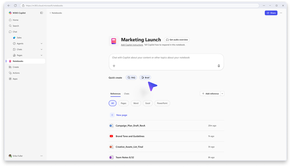 Screenshot of a Microsoft Copilot app interface with a notebook open and a cursor over the “Brief” button.