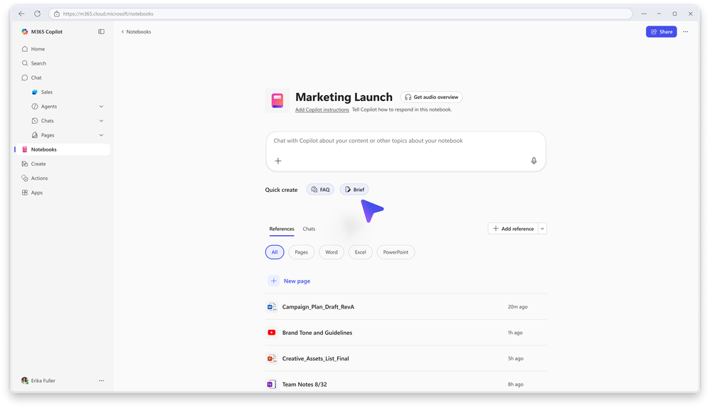 Screenshot of a Microsoft Copilot app interface with a notebook open and a cursor over the “Brief” button.