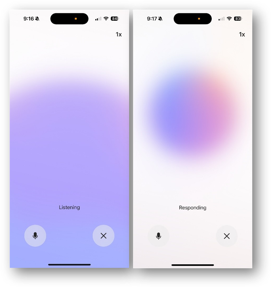 Two mobile screenshots of the Microsoft 365 Copilot app with one screenshot showing the app in listening mode and one screenshot showing the app in responding mode..