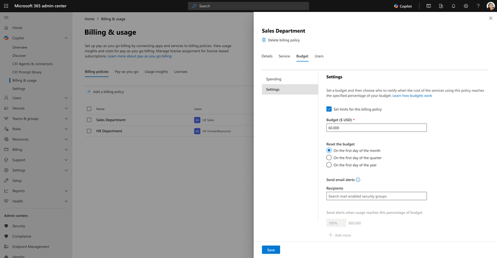 An image of the Microsoft 365 admin center showing billing policy-level budget settings under Copilot Billing and usage.