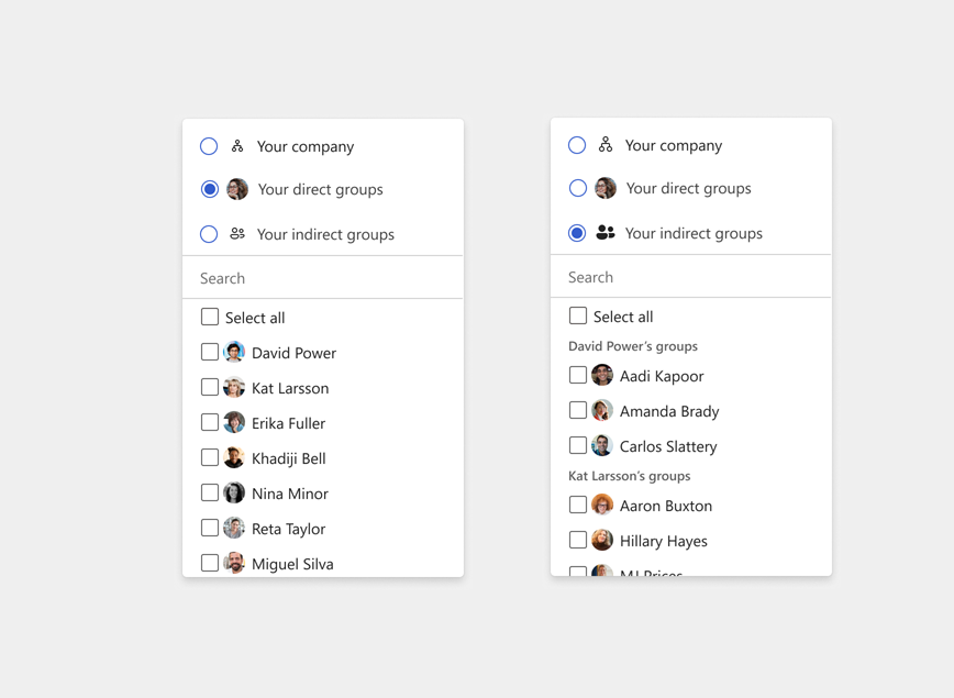 An example of a selection called Your direct groups next to an example of a section called Your indirect groups.