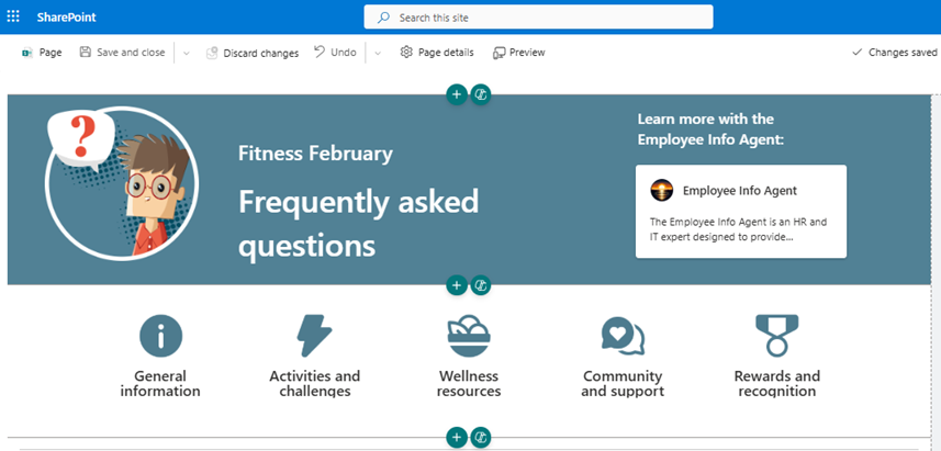 A SharePoint webpart featuring frequently asked questions and an Employee Info Agent.
