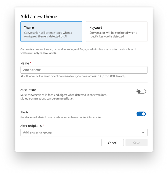 The theme moderation page in Viva Engage, showing the setup of the moderation agent