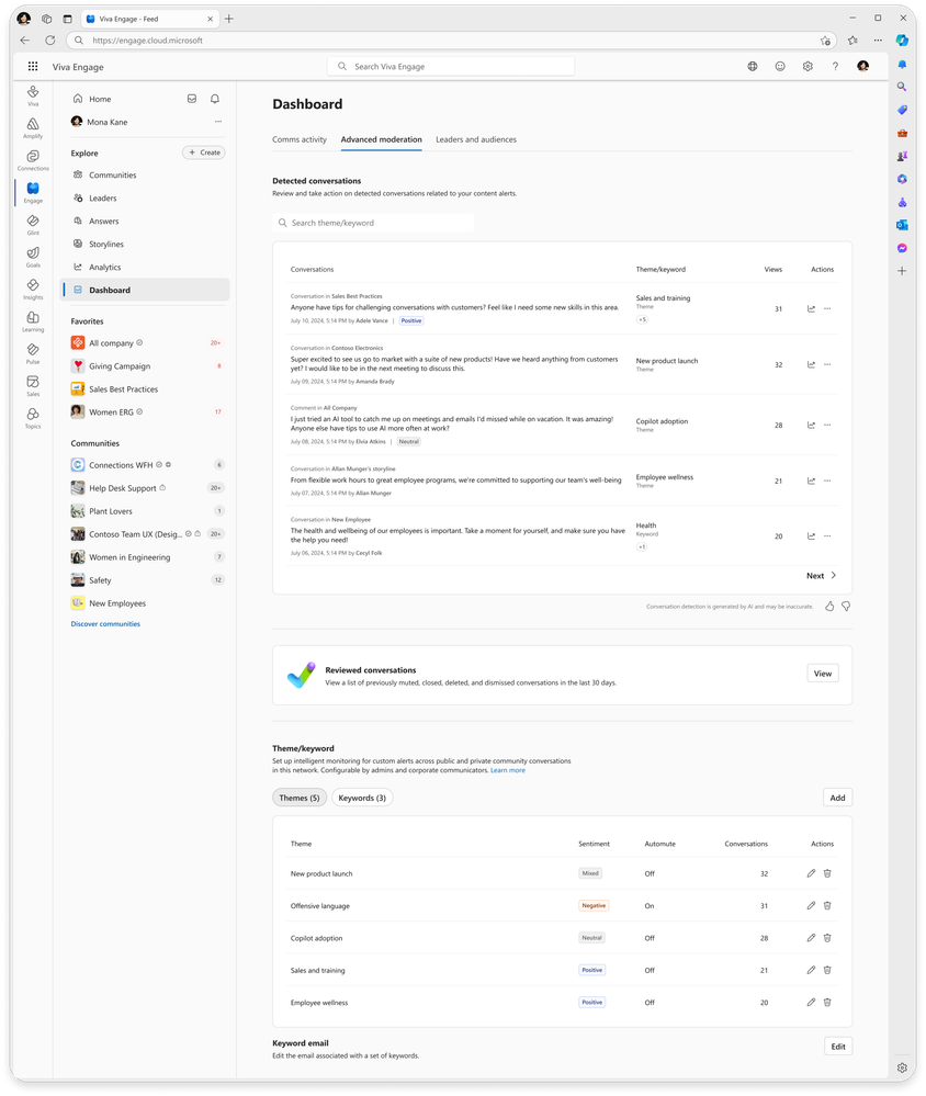 The Viva Engage dashboard, showing the moderation agent
