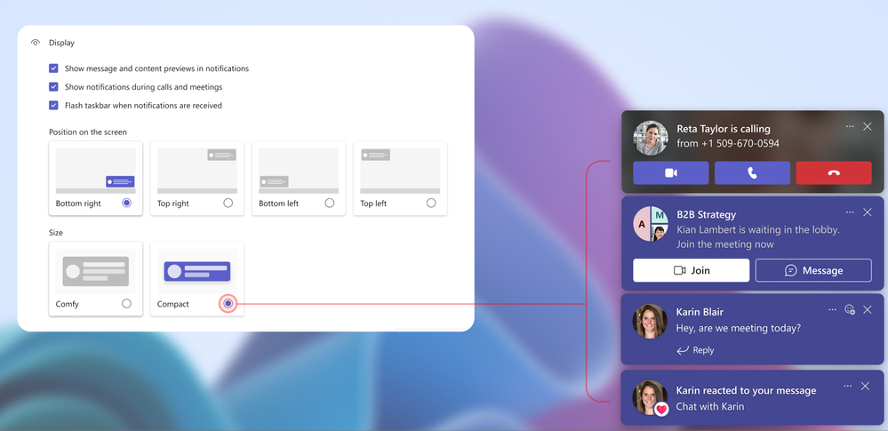The Teams settings window, showing the Notifications and activity area where you can customize where you would like notifications to appear, and choose from size options.