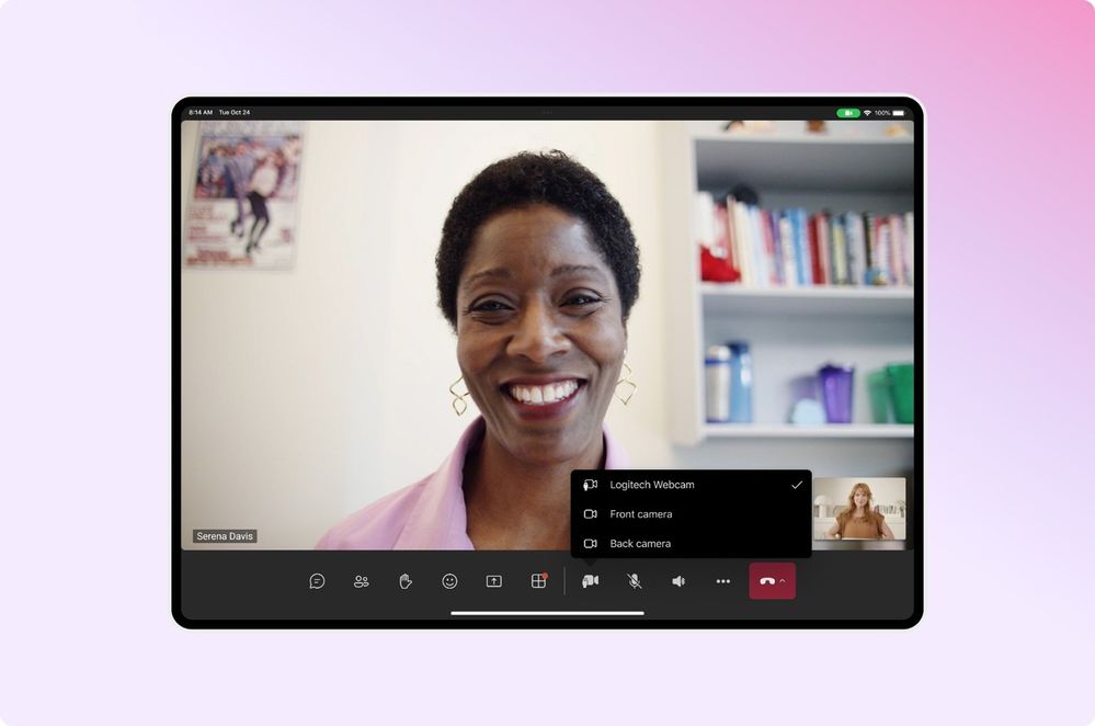 Showing the ability to select a webcam in Teams for iPad.