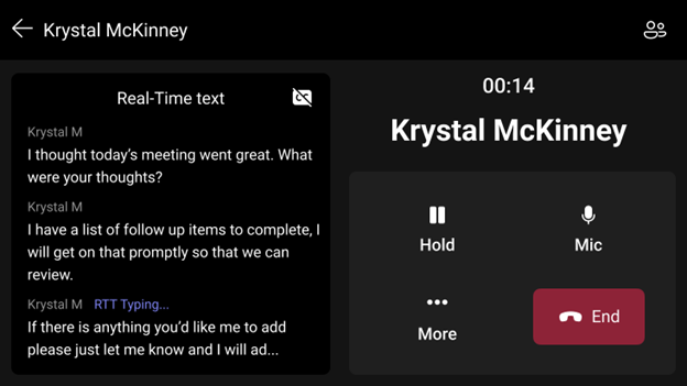 showing Real-time text displayed on a Teams phone device.