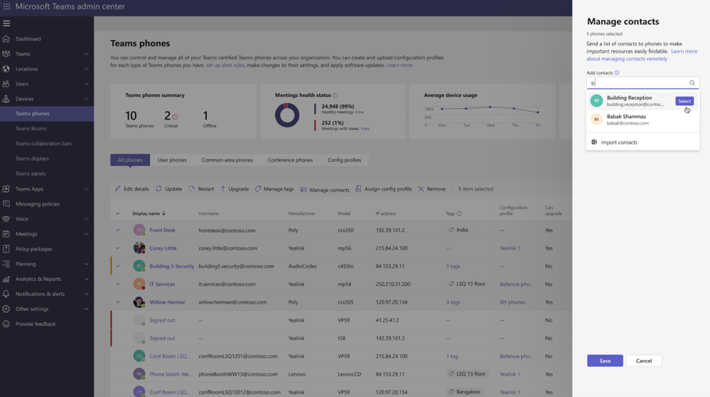 The Manage contacts for Teams phones screen in the Teams admin center