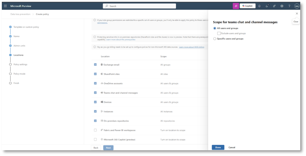 Configuring a data loss prevention policy in Microsoft Purview portal.