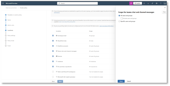 Configuring a data loss prevention policy in Microsoft Purview portal.