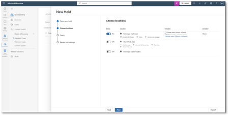 Setting up a new hold in Microsoft Purview compliance portal.