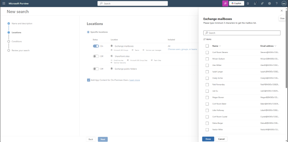 Configuring an eDiscovery search in Microsoft Purview compliance portal.