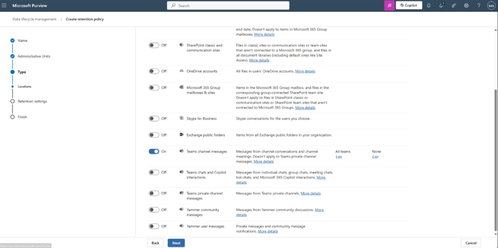 Configuring “Teams channel messages” for a retention policy in Microsoft Purview compliance portal.