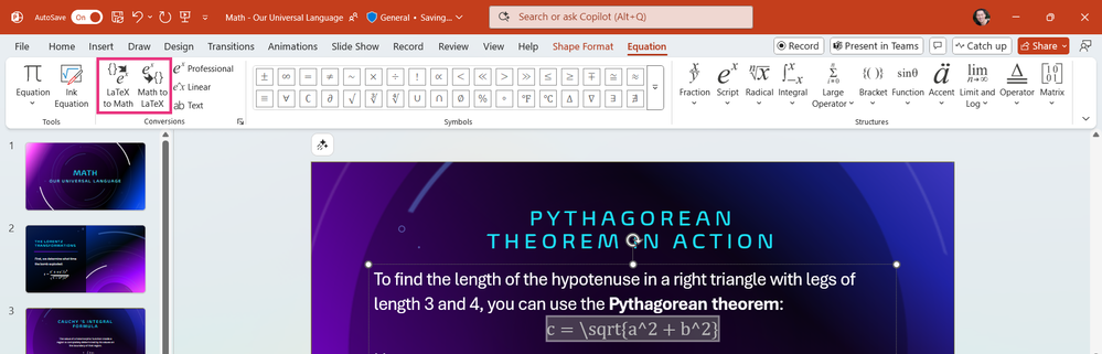 PowerPoint for Windows with LaTeX on the slide.