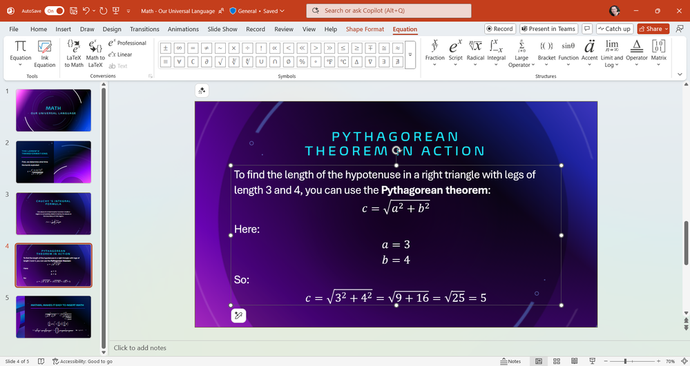 PowerPoint for Windows with text and math copied from Copilot.