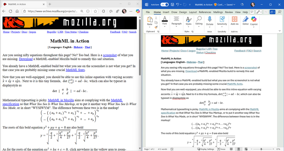 MathML in Action webpage in Edge on the left and Word for Windows with the same content on the right.