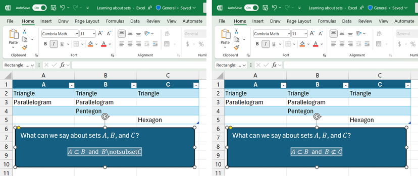 Excel for Windows with the \notsubset code on the left and the symbol on the right.