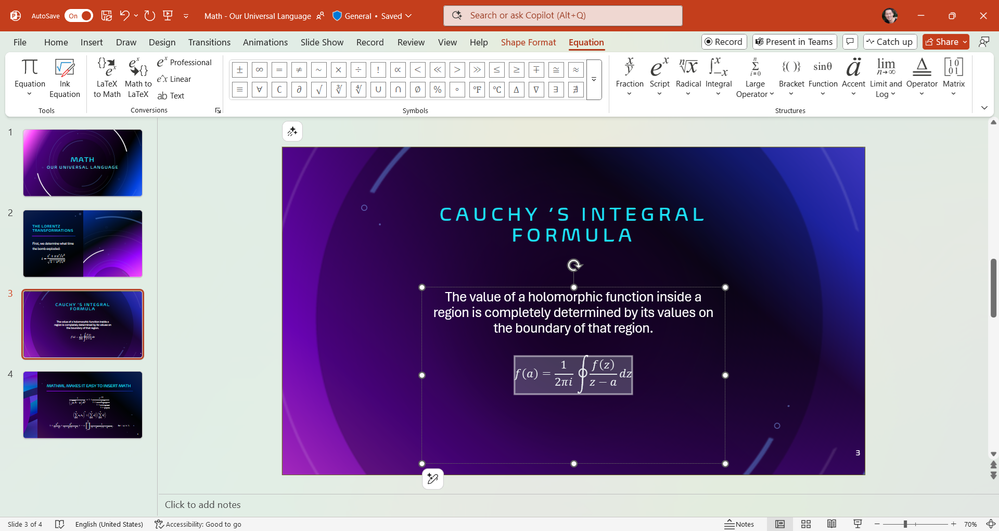 PowerPoint for Windows with the math copied from MathJax on the slide.