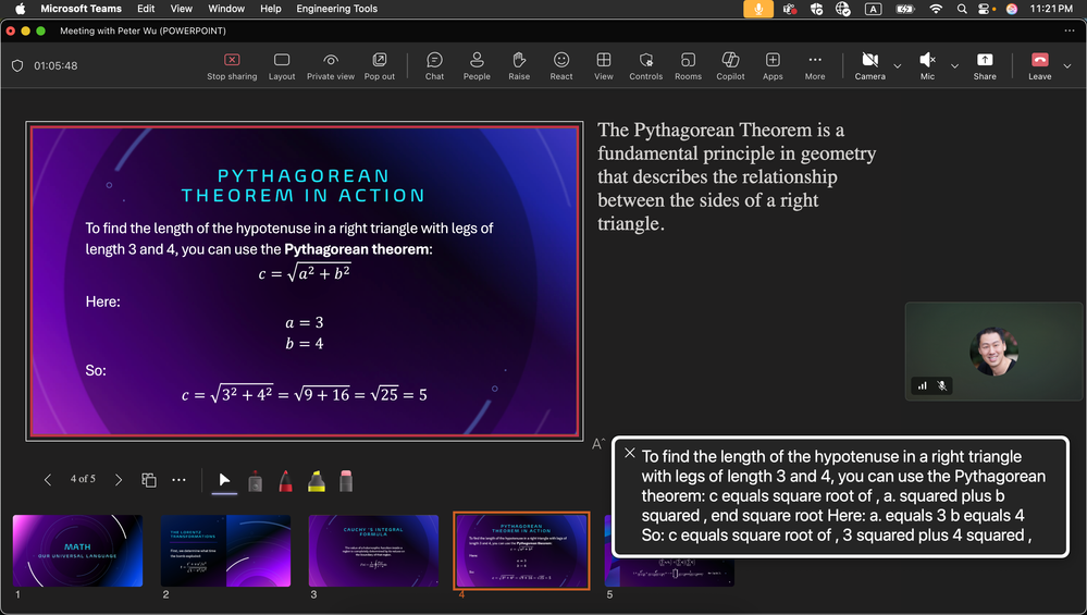 PowerPoint Live in Teams for Mac presenting a slide with math and VoiceOver reading the slide with math speech.
