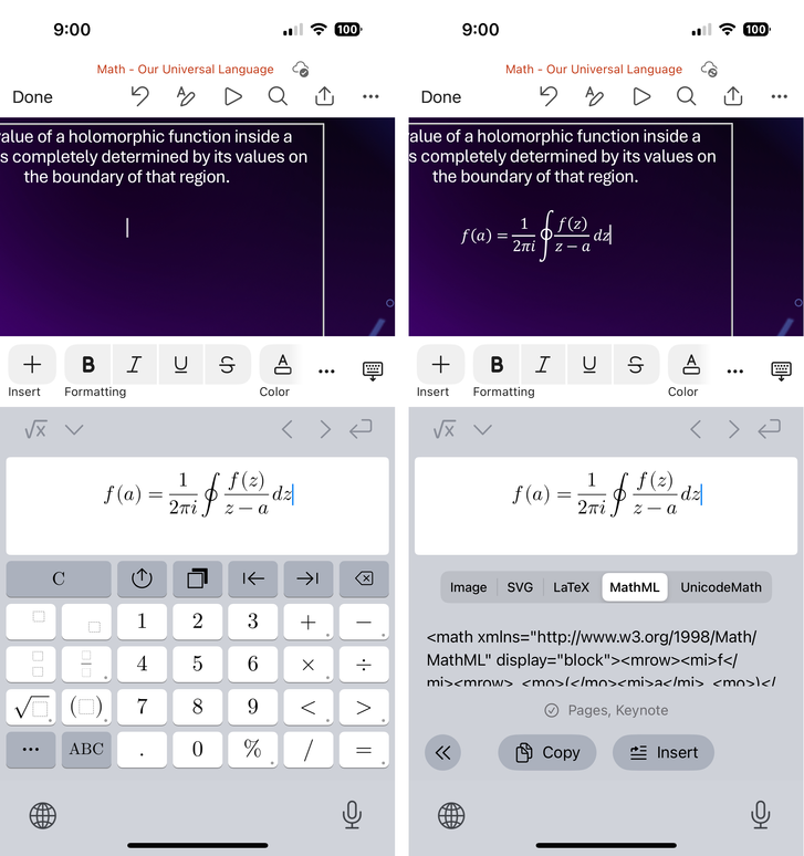 xFormula on-screen keyboard within PowerPoint for iOS with math that has been pasted into PowerPoint.