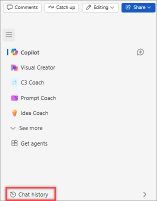 A screenshot of the Copilot menu in Microsoft Word with Chat history at the bottom of the page highlighted.
