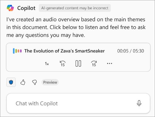 A screenshot of the Microsoft 365 Copilot audio player in Microsoft Word summarizing a document titled The Evolution of Zava's SmartSneaker.
