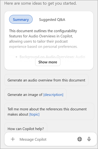 A screenshot of Copilot Chat in Microsoft Word asking to Generate an audio overview from this document or do other prompts.