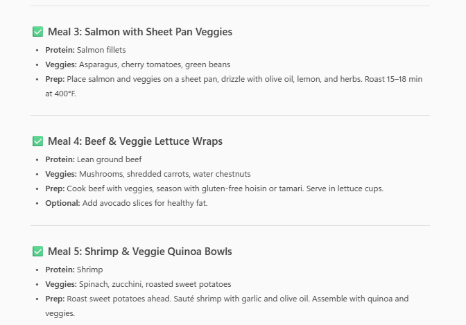 Three recipes from Microsoft Copilot for sheet pan salmon and veggies, beef and veggie lettuce wraps, and shrimp and veggie quinoa bowls.
