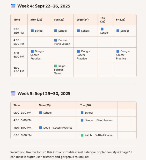 A color-coded calendar from Microsoft Copilot for week 4 and week 5 of September 2025.