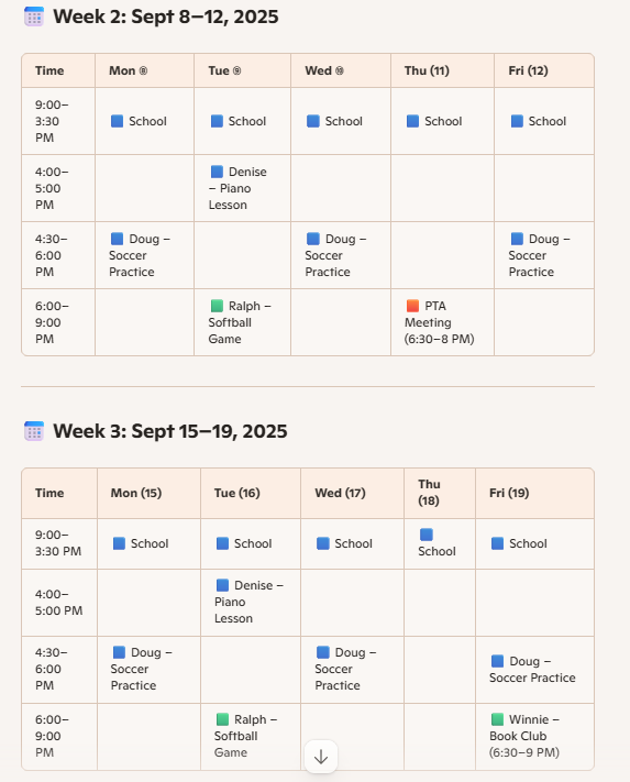 A color-coded calendar from Microsoft Copilot for week 2 and week 3 of September 2025.