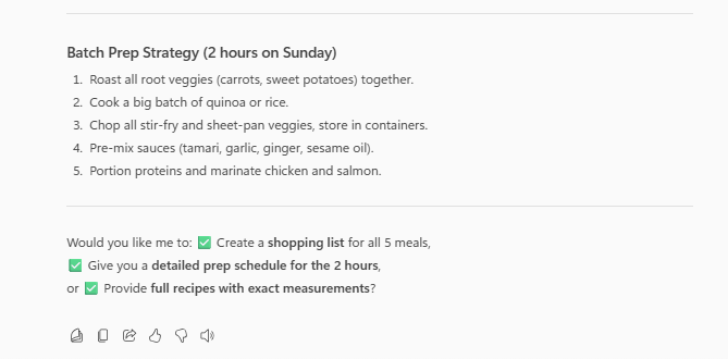 A list of tips for batch prep strategies for meal prep from Microsoft Copilot.