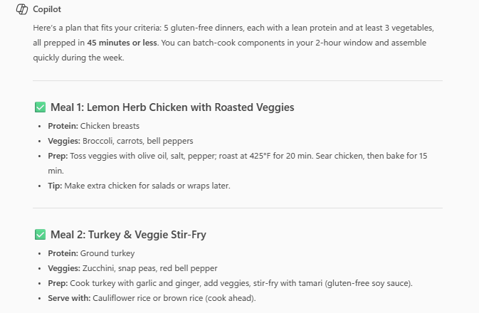 Two meal recipes from Microsoft Copilot for lemon chicken and turkey and veggies stir fry.