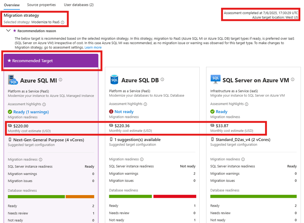 Migration assessment in SQL Server enabled by Azure Arc showing migration strategy chosen, migration strategy based single target recommendation (in this case Managed Instance) and monthly estimated pricing.